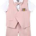 LOLANTA Short Suit for Boys Summer Wedding Ring Bearer Outfit Graduation 6 Pieces Shirt Vest Shorts Set (Pink)
