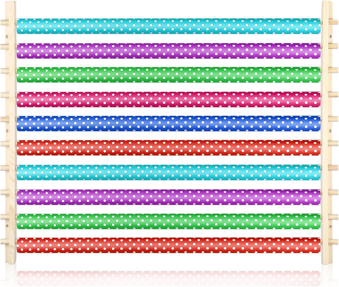 Kigley 10 Tier Ribbon Holder Organizer Rack Wood Wrapping Paper Display Rack Large Gift Wrapping Paper Storage Organizer Easy Wall Mount Wrapper Storage