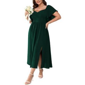 SCOMCHIC Women Plus Size Dresses Short Sleeve Sweetheart Neckline Wedding Guest Cocktail Smocked A Line Slit Maxi Dress (XL)