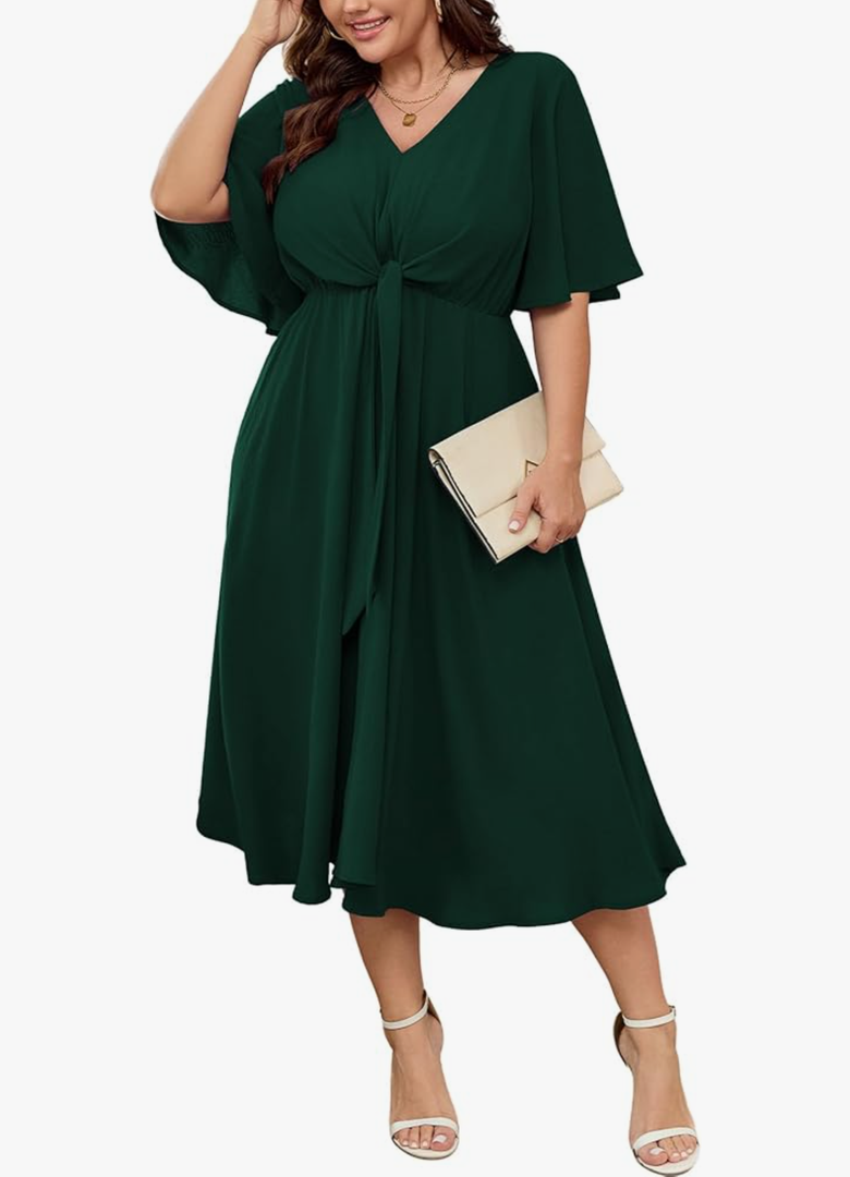 SCOMCHIC Women Plus Size Midi Dresses Wedding Guest Short Sleeve V Neck Tie Waist Casual Summer Flowy A Line Dress, Size 2XL