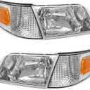 Headlight Assembly Pair for 1998-2011 Ford Crown Victoria Chrome Housing Amber Reflector Replacement W/O Bulbs