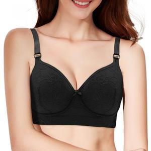 Plus Size Push Up Bras for Women, Back Fat Smoothing Bra Lace Underwire Full Coverage Padded Bras with Support (Black)