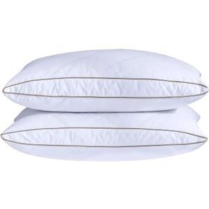 Puredown® Natural Goose Down Feather Pillows for Sleeping Oval Gusseted Feather Down Pillow 100% Cotton Pillow Cover with Leaf Quilting King Set of 2