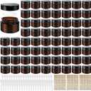 64 Pcs 1oz Glass Jars with Lids, Small Cosmetic Containers Bulk Amber Tins Glass with Inner Liners, Facial Mask Spoons, and Labels for Travel Lotions, Creams, and Candles (Black Lid)