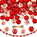 Jetec 120 Pieces 0.6 Inch Christmas Wooden Beads for Crafts Red White Snowflake Wood Beads with 65.6 Feet Twine Natural Round Bead with Hole for Xmas Valentine Saint Patrick Party Decor