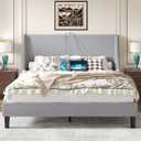 VECELO Queen Bed Frame with Upholstered Wingback Headboard, Heavy-Duty Platform Bedframe with Charging Station, Wooden Slats, No Box Spring Needed, Light Grey