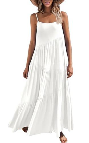 ECOWISH Women Sleeveless Maxi Dress: 2024 Summer Spaghetti Strap Casual Maternity Dress Dressy Floral Flowy Dress Solid White M
