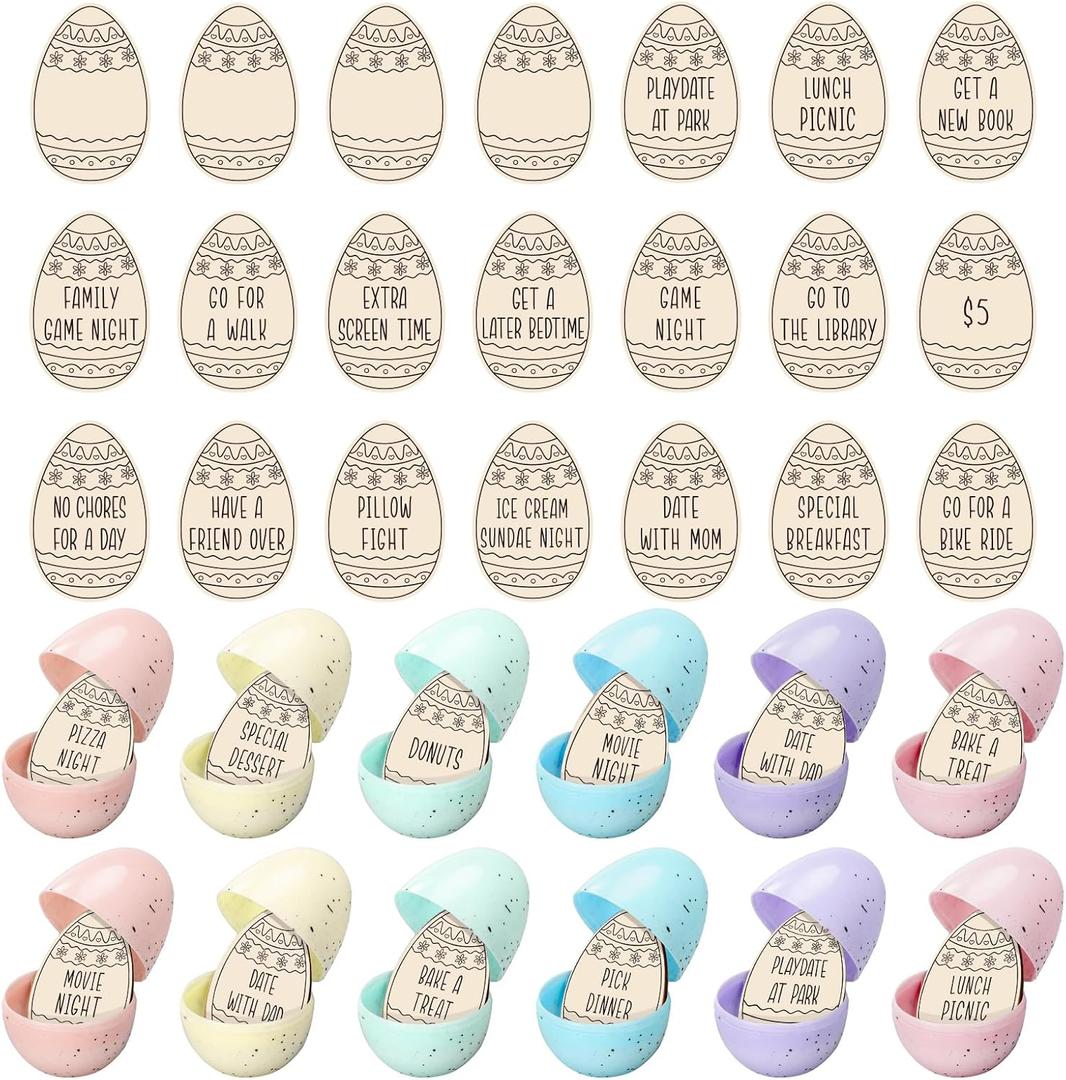 56 Set Wooden Easter Eggs Filler Tokens Wood Reward Tokens Bulk Easter Egg Hunt Token Basket Stuffer Gift for Adult with 56-color Plastic Eggshell for Basket Stuffers Family Spring Party