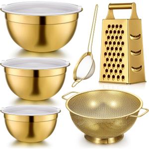 Baderke 6 Pcs Gold Kitchen Accessories Set Includes 3 Gold Mixing Bowls with Airtight Lids Stainless Steel Colander Grater Slicer and Fine Mesh Strainer(Mixing Bowls: 2.8/3.7/5 Qt, Colander: 4 Qt)