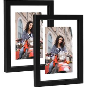 6x8 Floating Picture Frames Set of 2, Double Glass Floating Frame for 4x6, 5x7 Pictures or Full Display 6x8 Photos Tabletop or Wall Hanging (Black)