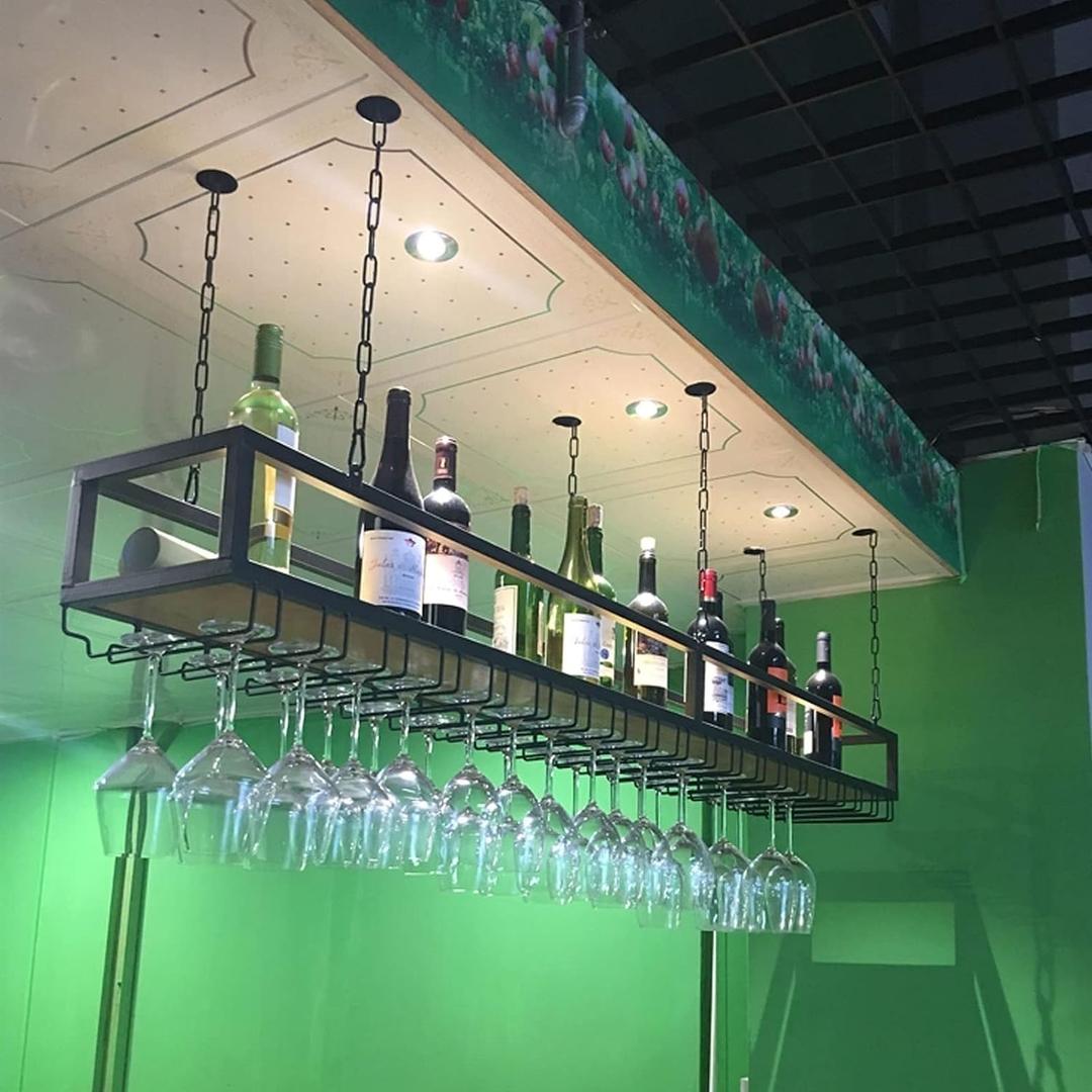 Ceiling Wine Glass Rack - Hanging Wine Rack with Glass Holder and Shelf, Height Adjustable Industrial Hanging Wine Bottle Holder, Black Metal Ceiling Shelf for Bar Cafe Kitchen (31.49.88.6in)