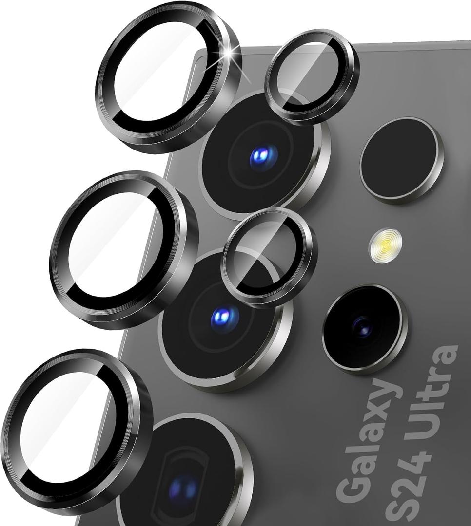 CloudValley for Samsung Galaxy S24 Ultra Camera Lens Protector, 9H Tempered Glass & Ultra-Thin Aluminum Alloy Individual Lens Screen Protective Cover for S24 Ultra 5G 2024, Black