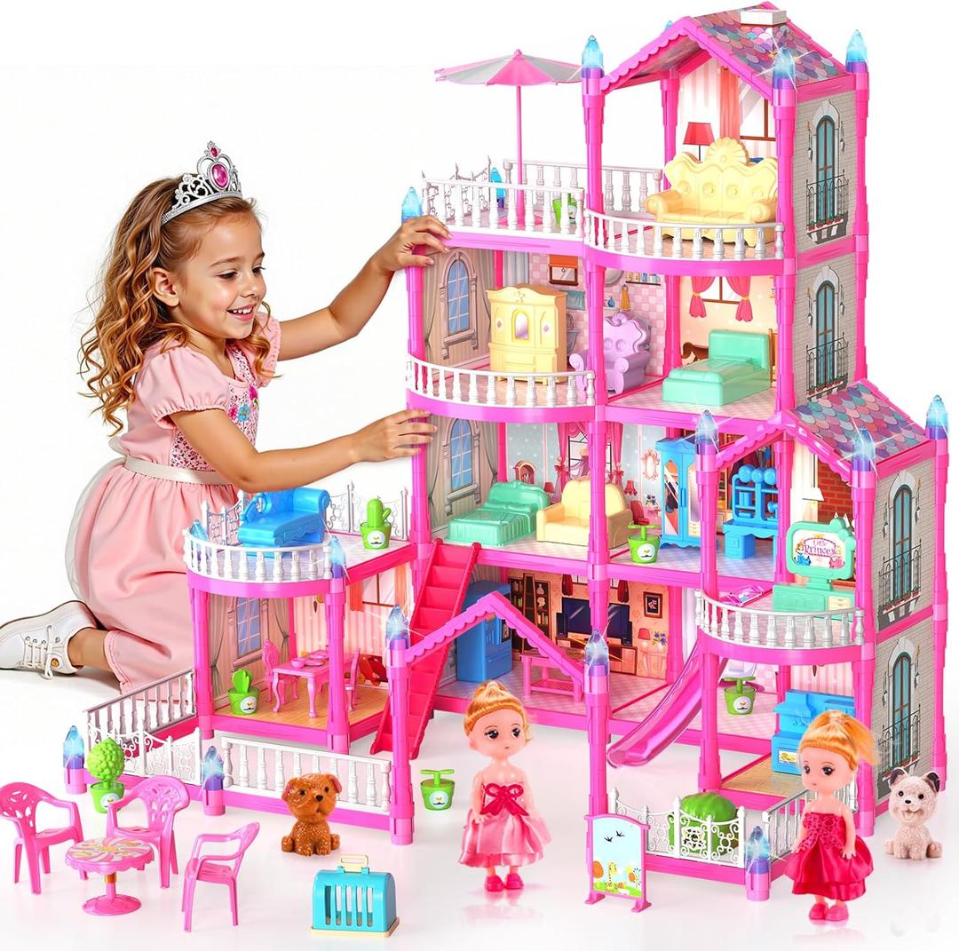 Pupu Pig Doll House Toys for Girls, Dollhouse with Glow in the Dark, Kids Doll House Playset with 4-Story 14 Play Areas, 2 Dolls, Toy Dogs, Dollhouse Accessories and Furniture, Princess Toy Gifts
