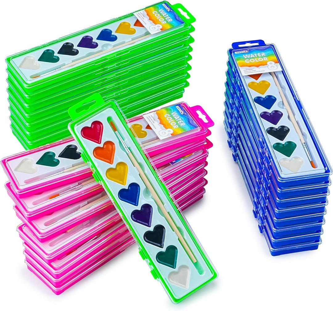 Ezzgol Watercolor Paint Sets, 24 pack 8 Colors Heart Washable Paint Sets,Wooden Brushes, Idear Valentines Day Gift for Preschool Classroom, Art School, Birthday Party