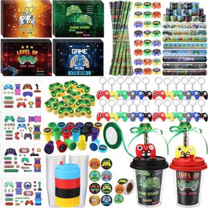 218 Pcs Video Game Party Favors Set Includes Drink Cup with Lid Game Card Pencil Sharpener Eraser Stickers Slap Bracelet Keychain Stamp Sticker Ribbon for Gamer Birthday Party