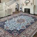 Area Rug for Living Room, 8x10Ft Machine Washable Large Blue Rugs for Dining Room, Non-Slip Vintage Carpet for Bedroom Office Dining Room Nursery Farmhouse