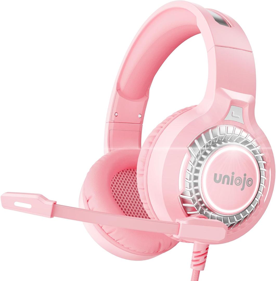Pink Gaming Headset for PC, PS5, PS4, Xbox Headset with Noise Cancelling Mic, Gaming Headphones with 7.1 Surround Sound, LED Breathing Light Over Ear Headphones for Xbox Series X/S, Switch