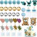 Bear Cake Toppers, Mini 3D Bear Baby Letter Milk Bottle Foam Balls 48 PCS Cake Topper Birthday Party Decoration Boho Mini Gender Reveal(Blue)