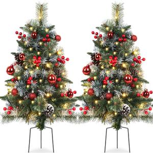 2 Packs 30in Frosted Outdoor Christmas Trees, Pre-Lit Battery Operated Fake Xmas Tree Holiday Decor with Stake, Multi-Color & WW Waterproof String Lights, Red Berries & Balls, Pine Cones