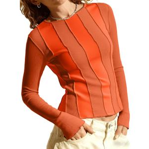 Tankaneo Womens Fitted Long Sleeve Shirts Ribbed Knit Going Out Tops Y2k Trendy Casual Crew Neck Tees Shirts (Orange)