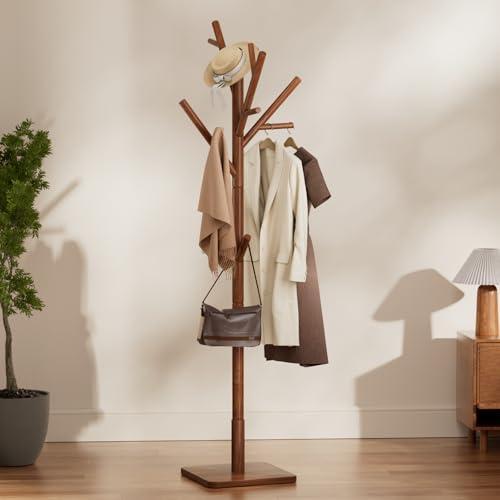 Olpchee Solid Wood Coat Rack - Freestanding Coat Hat Rack Stand with 14 Hooks, Clothes Rack Heavy Duty Space Saving Entryway Coat Tree Hanger Rack for Coats Jackets Hats Bags, Adjustable Height
