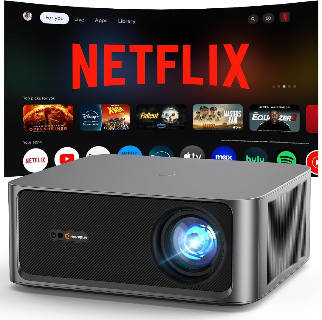 2500 ANSI Lumen Official Netflix Licensed 4K UHD Smart Projector, HAPPRUN Home Theater with Dolby Audio, Wi-Fi 6 & Bluetooth 5.2, Built-in Streaming Apps, Works with Smartphones, Indoor & Outdoor Use (Black)