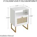 Masupu Rattan Nightstand,Modern Boho Farmhouse Wood Bedside Table with Storage Drawer and Open Shelf,Small Gold Frame Side End Table for Bedroom,Living Room,Office(White)