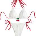 Verdusa Women's 2 Piece 3D Cherry Color Block Bikini Sets Halter Neck Tie Cute Swimsuit Bathing Suit (White) S