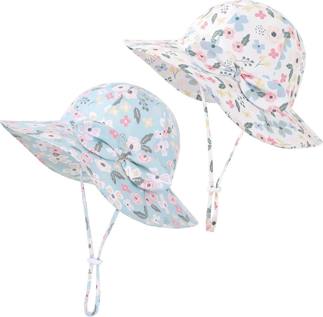 Baby Girl Sun Hat 2Pack Infant Toddler Swim Wide Brim Strap Bucket Hat with UPF 50+ Adjustable