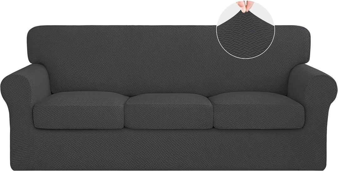 ISSUNTEX 4 Pieces High Stretch Thicken Couch Covers, Soft Sofa Slipcover for 3 Separate Cushion , Jacquard Fabric Elastic Furniture Protector for Dogs (Sofa, Dark Gray)