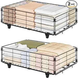 2 Pack Under Bed Storage with Wheels, Under Bed Storage Containers with PVC Clear Lids, Under Bed Shoe Storage Organizer, Rolling Metal Drawer for Clothes, Books, Toys, Blankets (Black)
