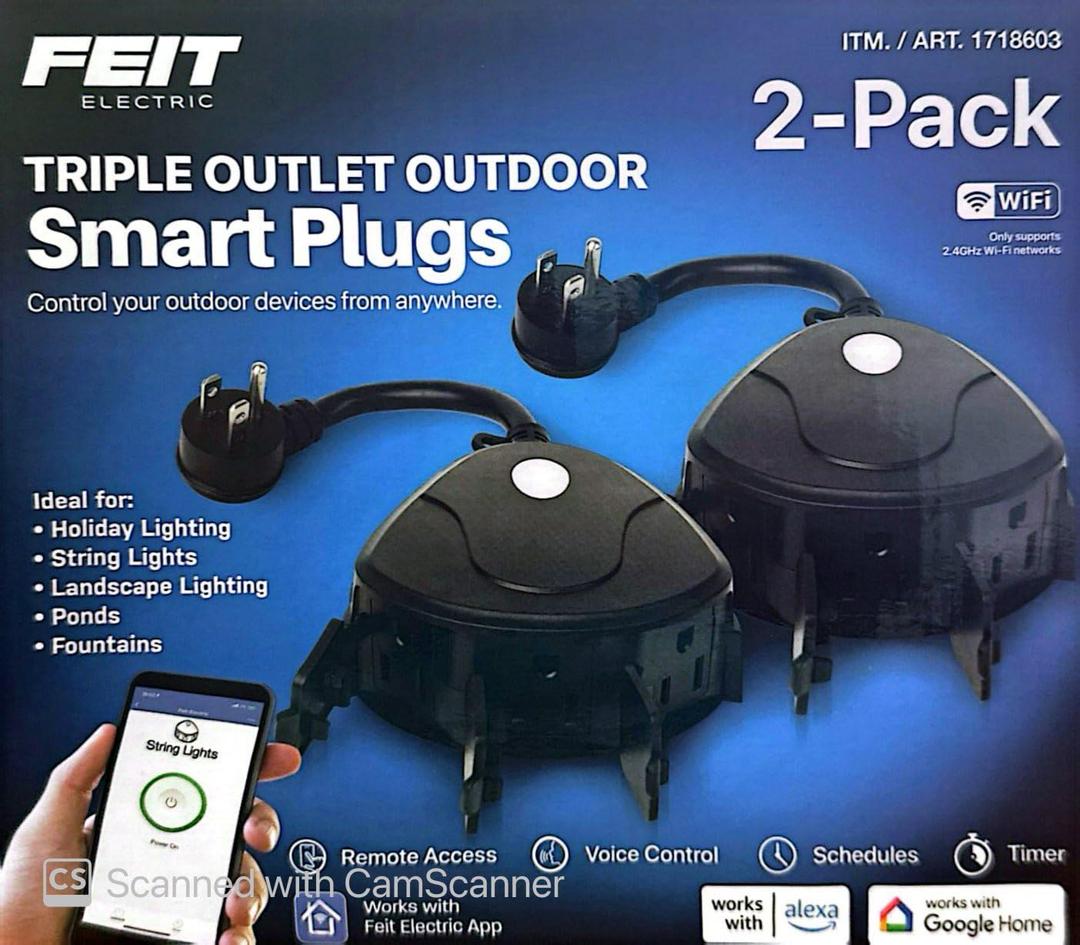 Feit Electric Triple Outlet Outdoor Smart Plugs, 2-Pack, WiFi, Controls Devices from Anywhere, Voice Control, Schedules, Timer, Compatible with Alexa and Google Home, Black
