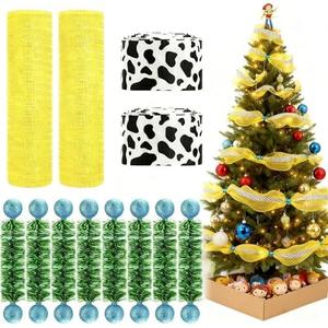 Suncalla Cartoon Toy Christmas Ribbon Garland Yellow Deco Mesh Cow Print Grosgrain Ribbon Ornaments Blue Ball Garland Ties Christmas Tree Decorations for DIY Xmas Tree Decor Wreaths Crafts