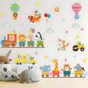 Jungle Animal Wall Stickers Cartoon Train Hot Air Balloon Safari Wall Decals Kid Room Nursery Baby Bedroom Dcor (Train Hot Air Balloon Animals)