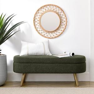Oval Storage Bench 43.5" Linen Fabric Upholstered Entryway Bench with Solid Wood Legs Ottoman Bench Indoor Bench for Living Room/Bedroom/End of Bed/Entryway (Dark Green)