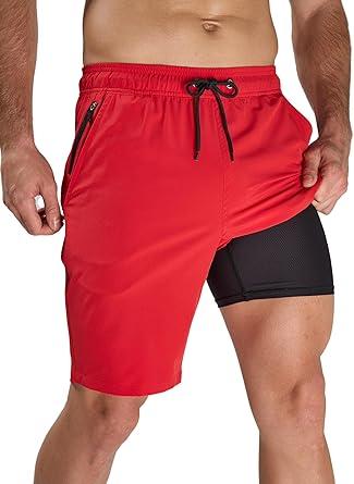 Arcweg Men's Swim Trunks with Compression Liner Red Quick Dry Bathing Suit Board Swimming Shorts Medium with Zipper Pockets, Small, Red