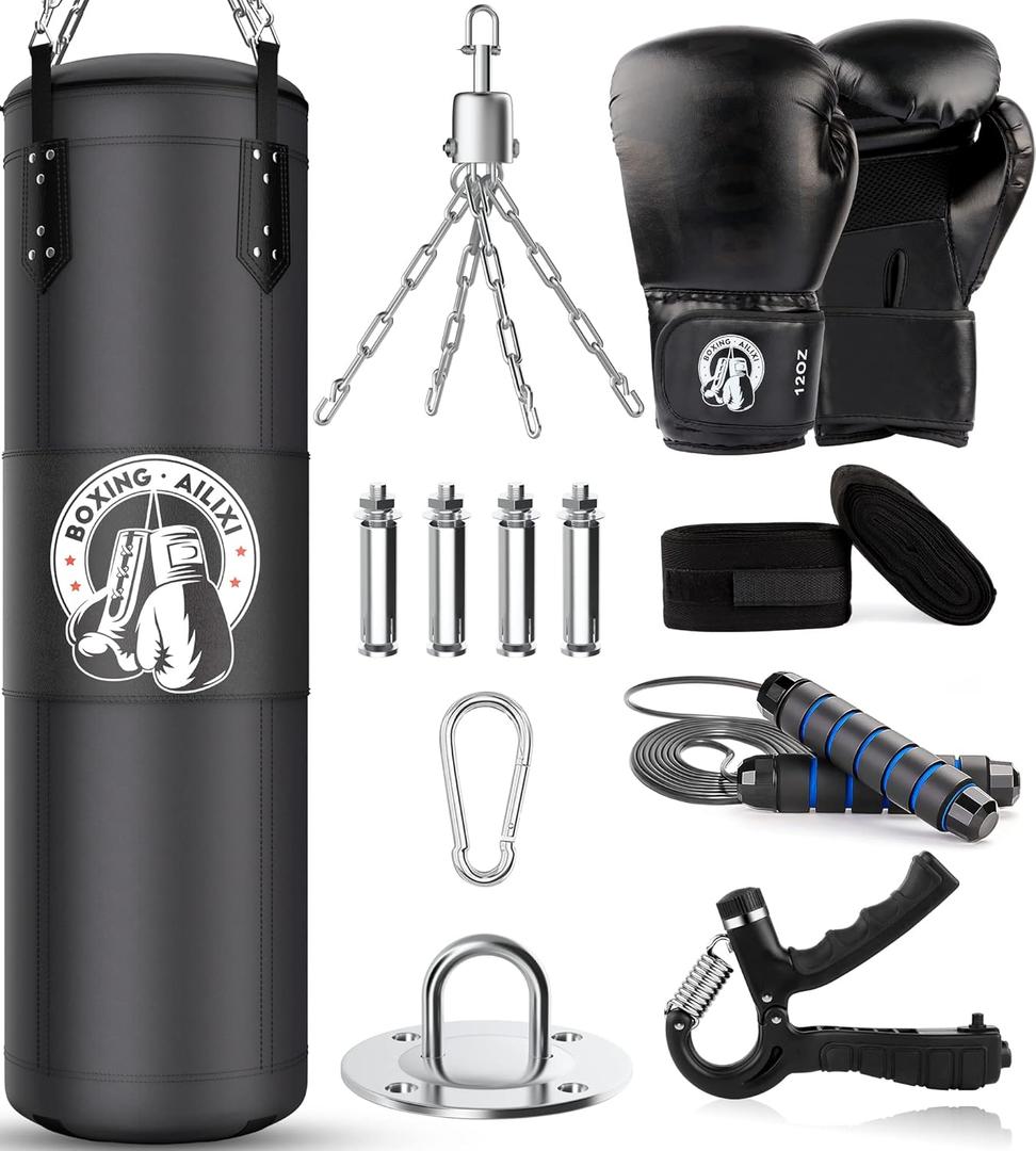 4FT Punching Bag for Adults/Kids, Unfilled Heavy Punching Bag, Boxing Bag Set with Punching Gloves, Wraps, Chain, Ceiling Hook for MMA Kickboxing Boxing Karate Muay Thai Taekwondo (Black)