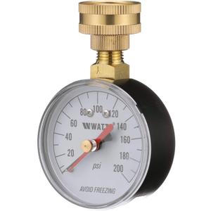 Watts 2-1/2" Hose Connection Water Pressure Test Gauge, 3/4" (20 mm) HT Hose Connection, Copper Alloy, Black Enamel Steel Case, Red Indicator Hands, ASME Type B Accuracy