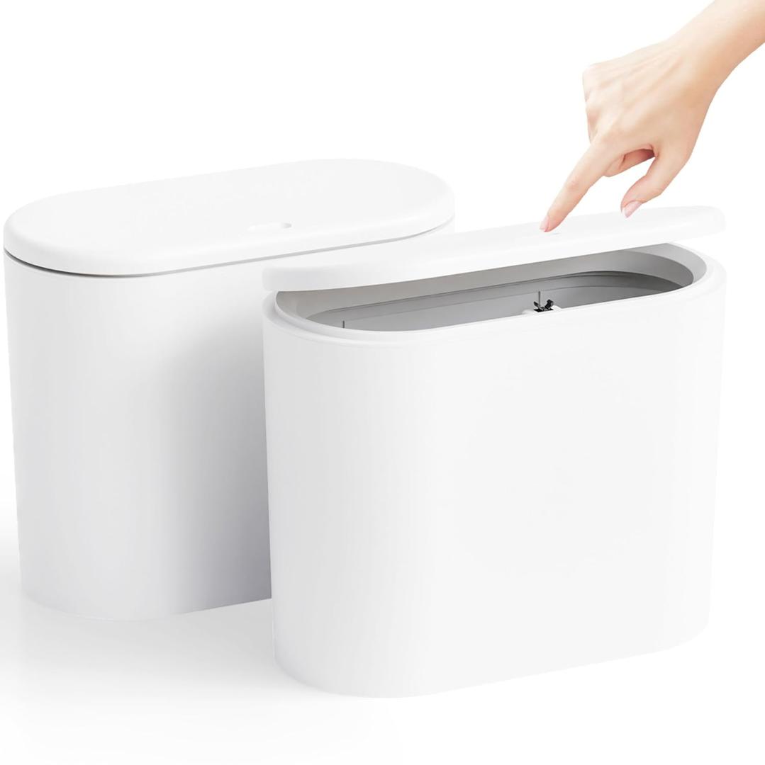 Yieach 12 L Bathroom Trash Can With Lid,2 Pack 3.17 Gallon Slim Pet/Dog Proof Trashcan and Skinny Small Covered Trash Can for Kitchen,Office,RV,Bedroom and Dorm,Plastic Covered Wastebasket,Garbage Can (White)