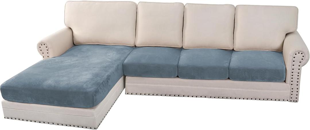 H.VERSAILTEX Velvet Stretch Sectional Couch Covers - 4 Piece Sofa Seat Cushion Set - L Shape Separate Cushion - Both Left/Right Couch Chaise Cover - Large Sofa 3 Seater + 1 Chaise, Stone Blue