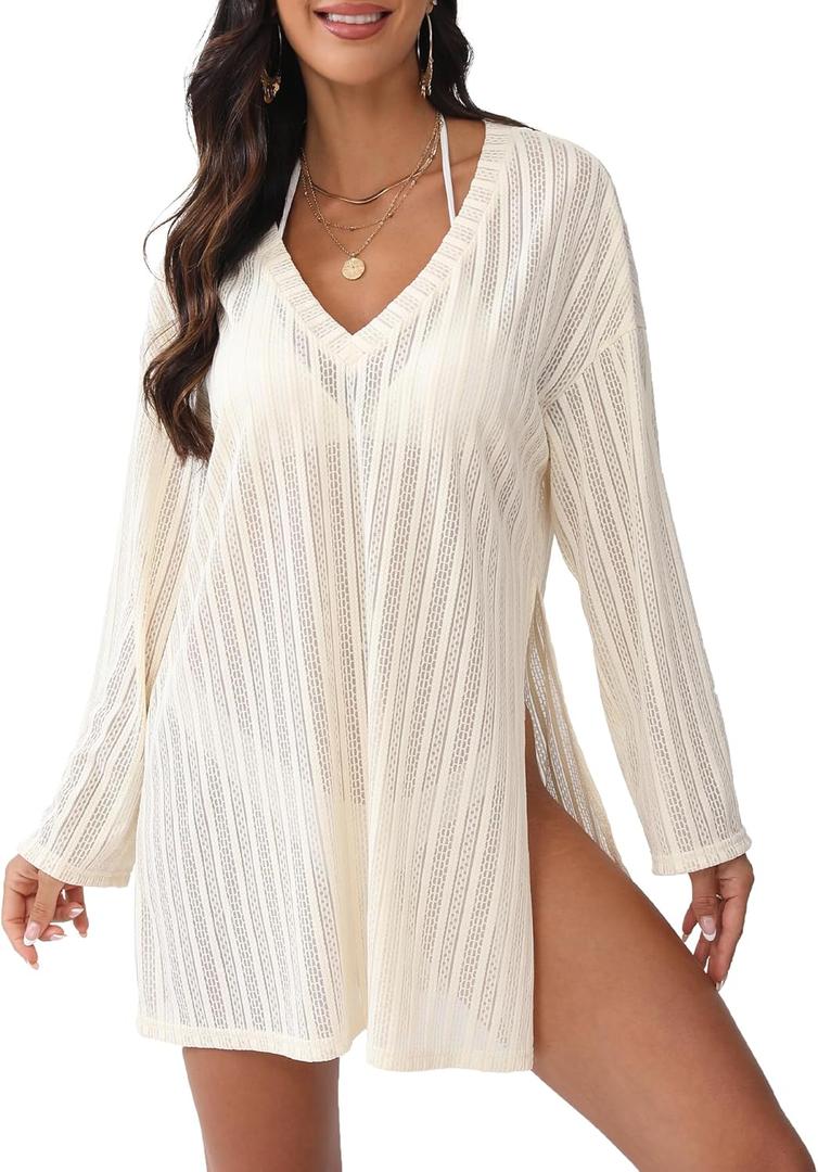 Swimsuit Coverup for Women Crochet Bathing Suit Cover Ups for Swimwear Beach Vacation Clothes 2025 Summer Dresses Apricot, S