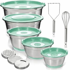 WHYSKO Stainless Steel Mixing Bowls With Lids Plus Stainless Steel Whisk, Potato Masher and Grater Lids, 5 Nesting Mixing Bowls And Kitchen Tools for Meal Prep, Cooking, Baking, Serving, Food Storage