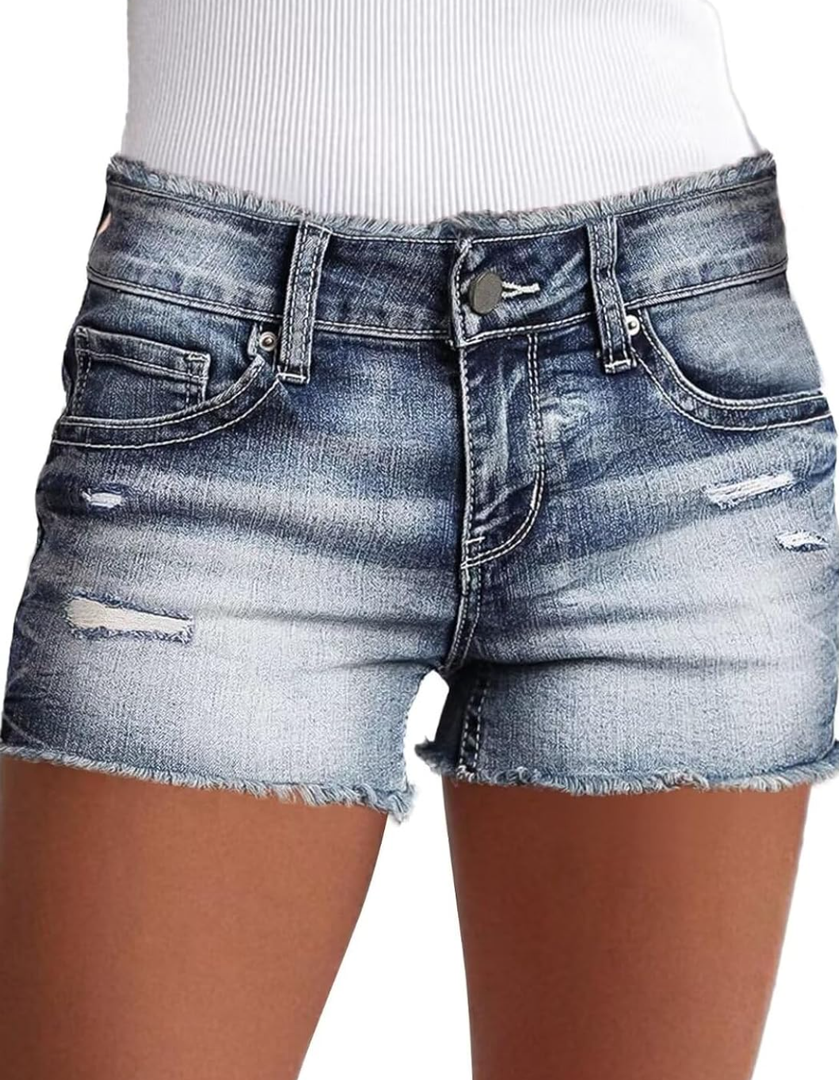 Flamingals Jean Shorts for Women Mid Waisted Stretchy Ripped Denim Shorts Raw Hem Curvy Summer Trendy, M