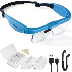 Rechargeable Headband Magnifier with Light, 0.75X-4.0X Magnifying Glasses with Light for Close Work, 5 Detachable Lenses for Jewelry Making, Reading, Crafts  Adjustable, Hands-Free (Blue)