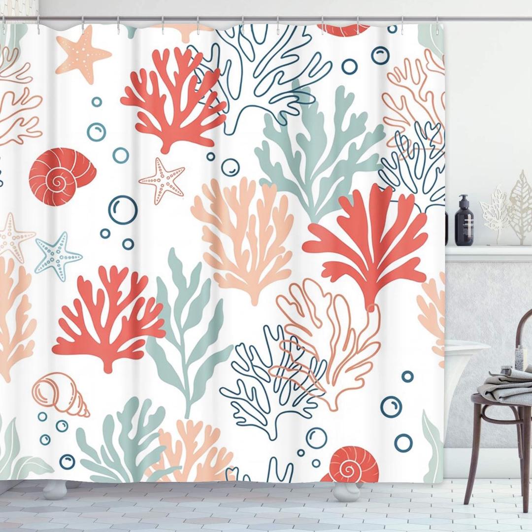Shower Curtain, for Bathroom Decor 72" x 72", Tropical Nautical | Corals Reef, Waterproof Polyester Fabric Shower Curtains Set with Hooks