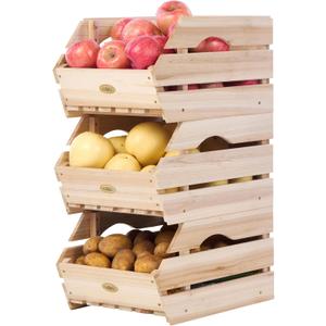 HABAU Wood Potato Onion Storage Bins - Wooden Stackable Produce Basket - Fruit Vegetable Storage for Kitchen Pantry Organization, Set 3 Pieces
