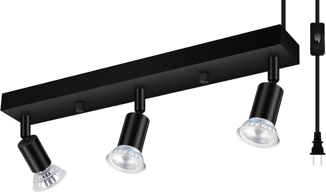 3 Head Plug in Track Light Fixture Black, Easy Install Corded Track Lighting Kit with Switch, Adjustable Directional Spotlight for Kitchen Island Closet Art Display, Modern Ceiling Lamp,15ft Cord