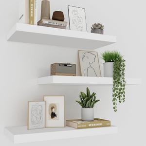 White Floating Shelves for Wall Set of 3, 16" White Shelves for Home Decor, Frame Display Wall Mounted Floating Shelf for Living Room, Bedroom, Bathroom, Kitchen
