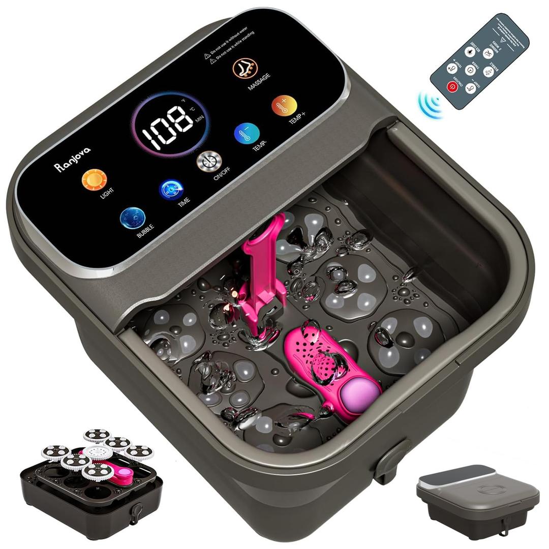 Foot Spa Electric Rotary Massage, with Touchscreen Pro Color Display, Collapsible Foot Bath with Heat, Bubble,Remote Control, Temp Control, and 24 Motorized Shiatsu Massage Balls (Dark Grey)