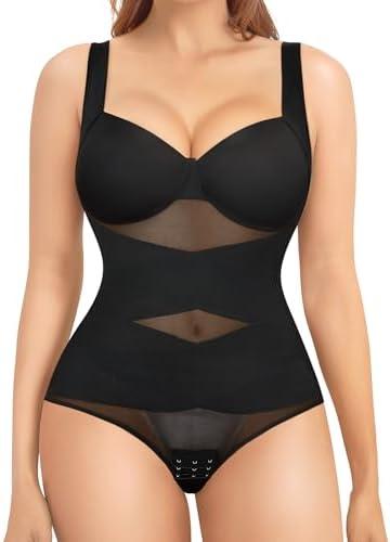 Nebility Shapewear Bodysuit for Women Tummy Control Waist Trainer Backless Body Shaper V-Neck with Built-in Bra Size, Black, 3XL
